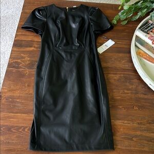 Calvin Klein Black faux leather Puff Sleeve Midi Dress